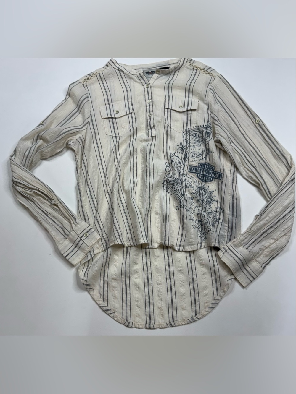 Harley-Davidson Dobby Stripe Woven HenleyNeck Pullover Womens Medium - Picture 12 of 12